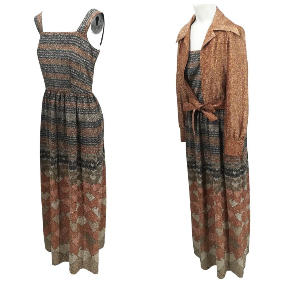 Vintage Fred Rothschild Metallic Maxi Sheath Dress Wrap Jacket Size 10 70s Party